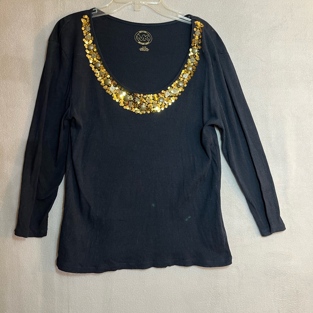 Michael Kors XL Dark Blue Knit Top with Gold Sequins